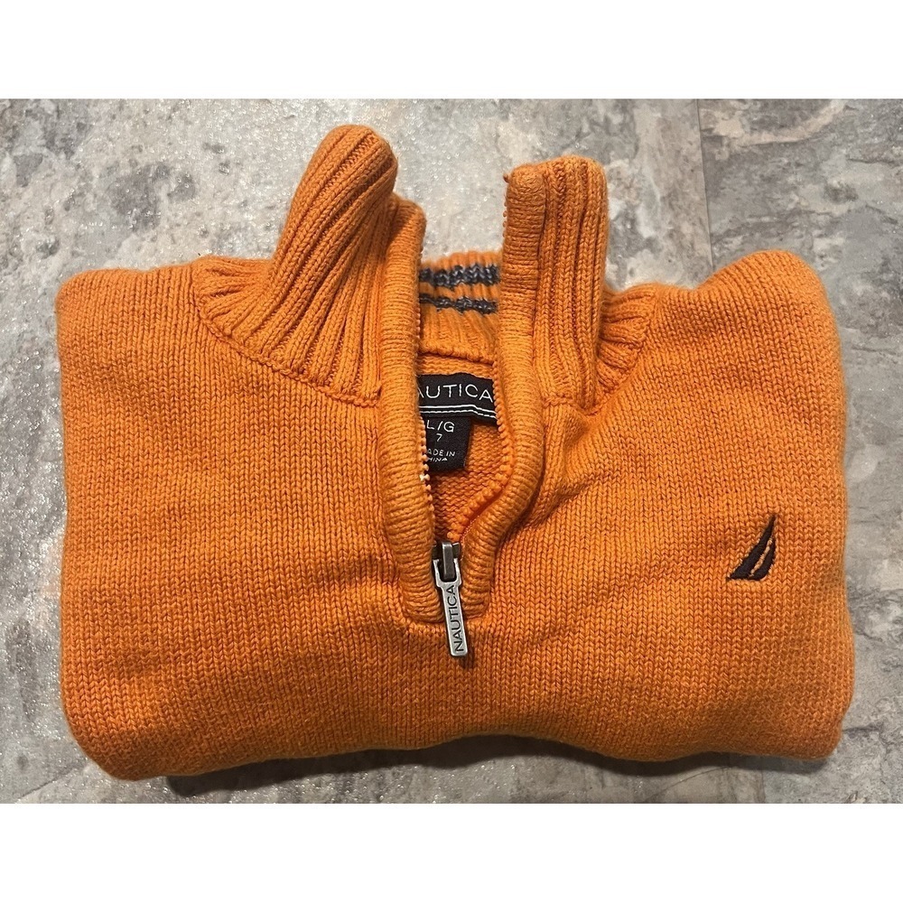 Nautica Boys L Sweater Orange 1/4 Zip Long Sleeve Stretch Knit Pullover Youth